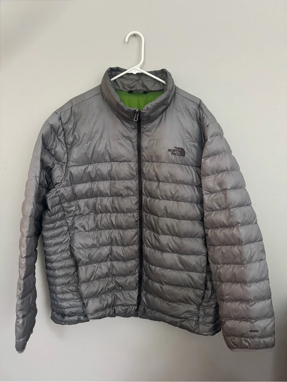 The North Face Gray 550 Puffer Jacket with Green Lining